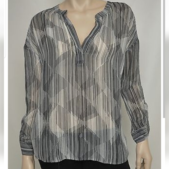 TWO by Vince Camuto Patterned Chiffon Blouse Tunic Top Shirt ~White/Gray Sz: S - Picture 1 of 12